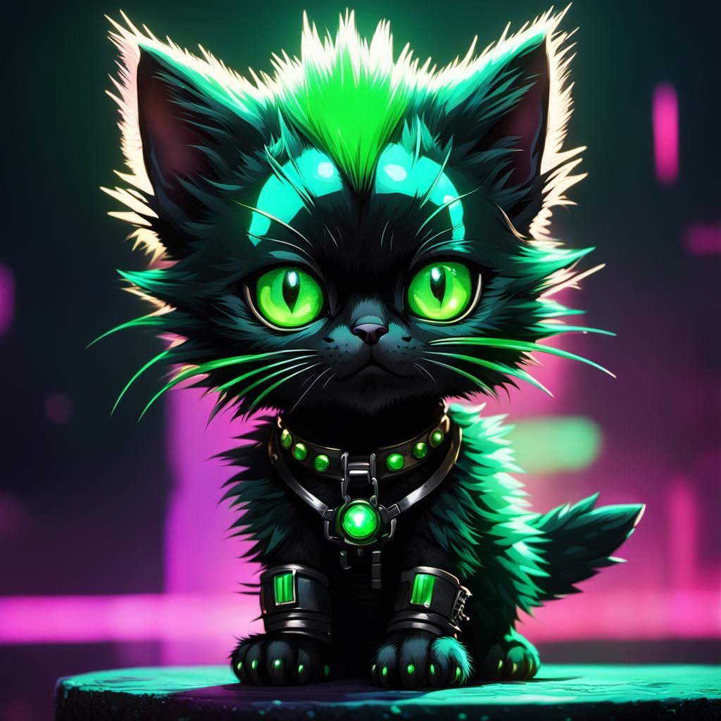 Cyberpunk Kitten with Emerald Eyes in Neon City