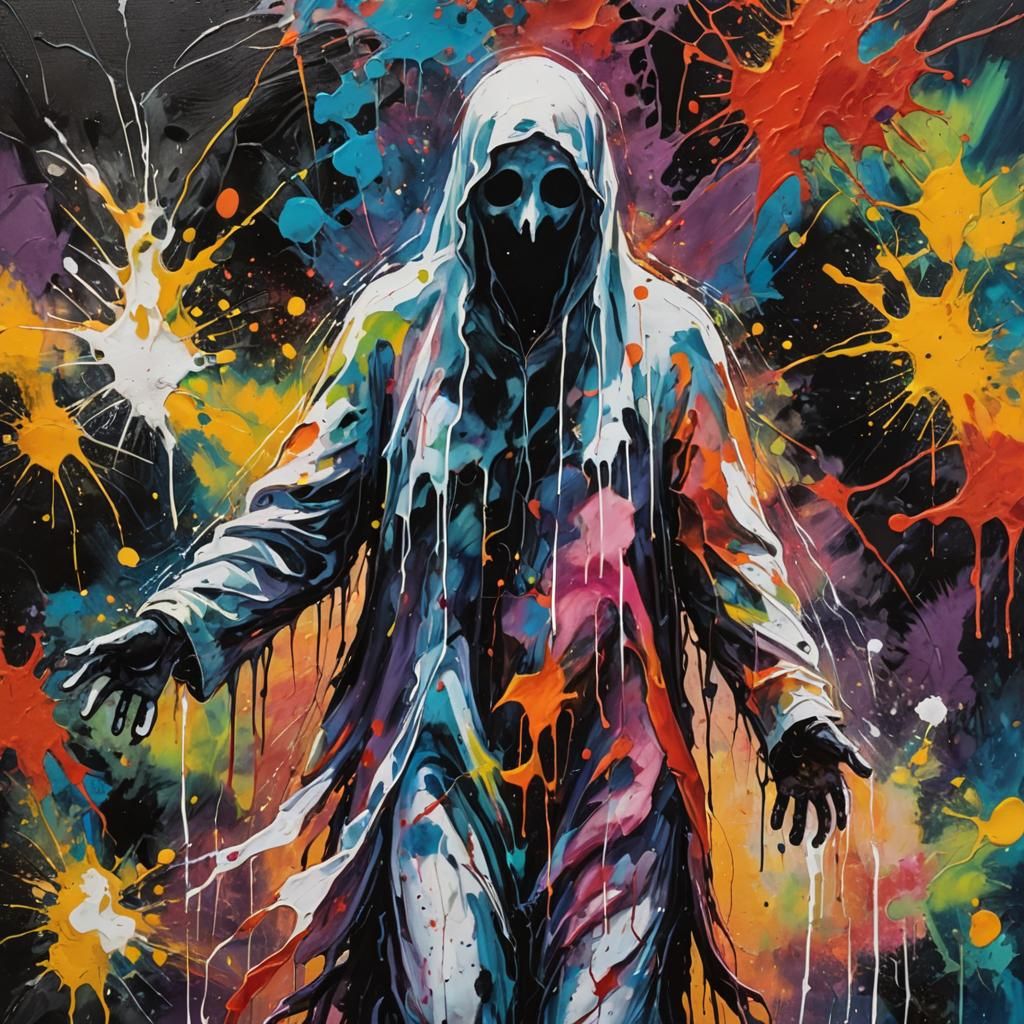 Ghost Emerges from Ink Splat in Expressionist Oil