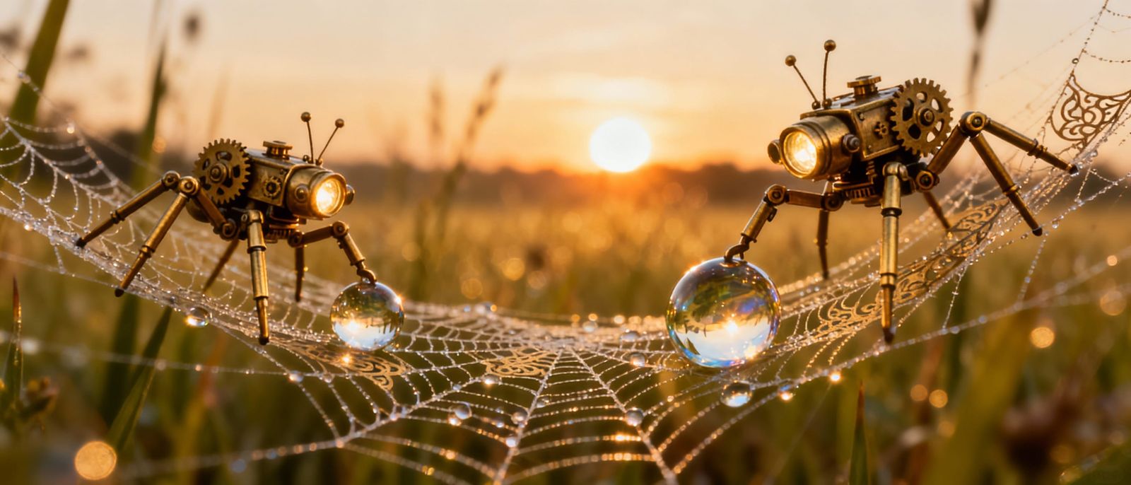 Steampunk Spiders & Robots with Dewdrops at Sunrise