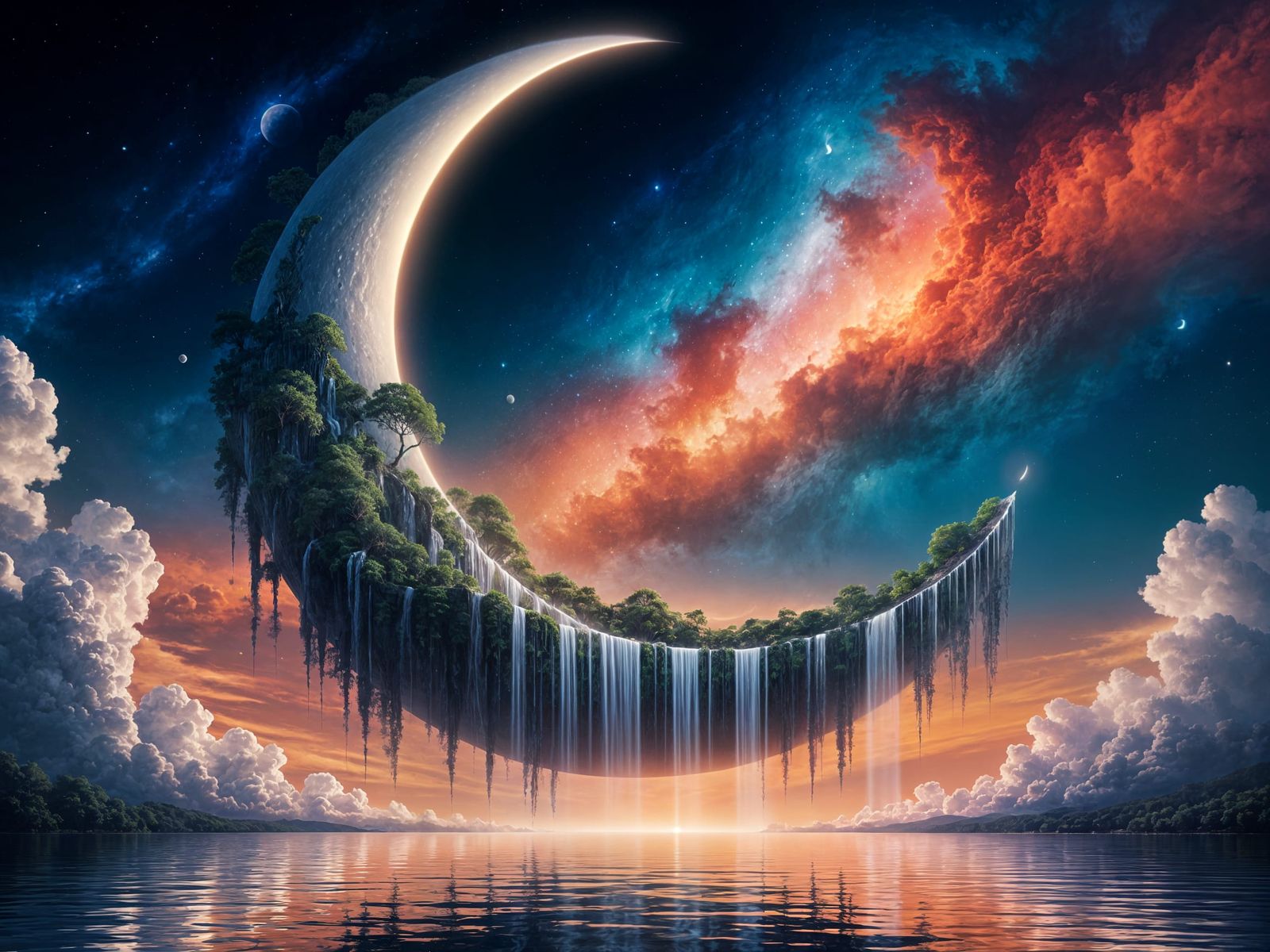 Surreal Crescent Moon Landscape in Nebula Sky