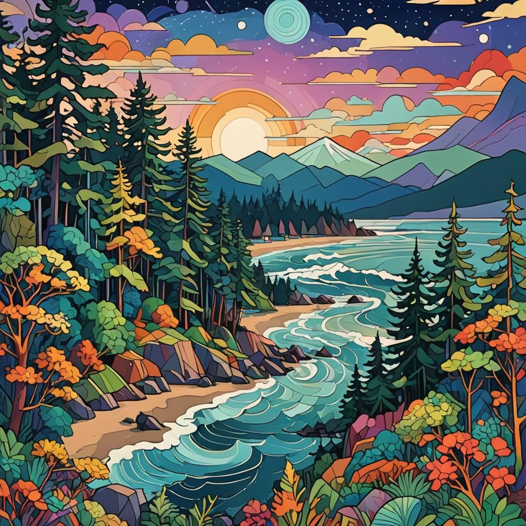 Psychedelic Cubist Beach Scene: Geometric Art Deco Style