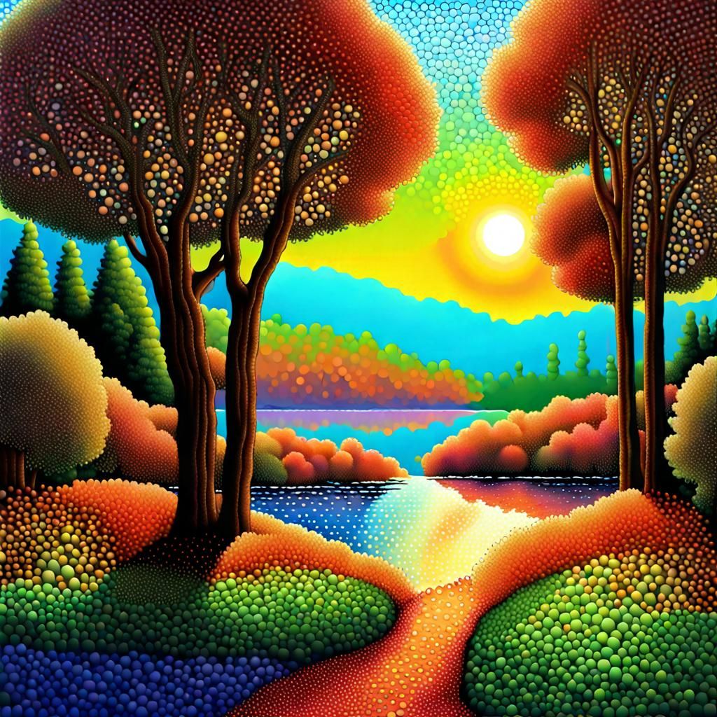Serene Sunset Landscape in Digital Pointillism