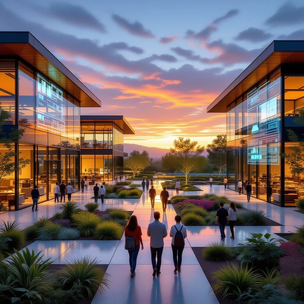 Tech Campus Sunset in Mid-Century Modern Style