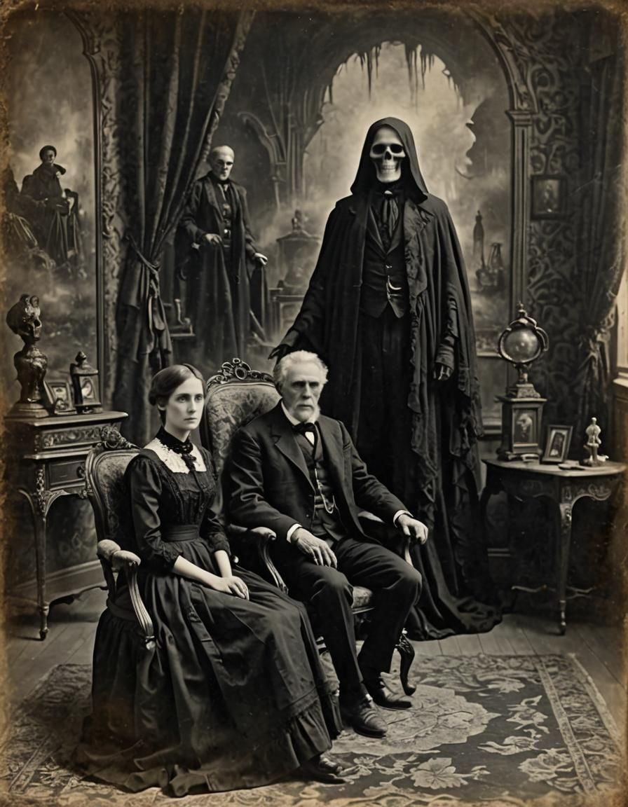 Victorian Mourning Photo Postcard with Ghostly Apparition