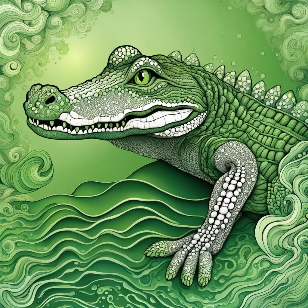 Zentangle Green Alligator in Water