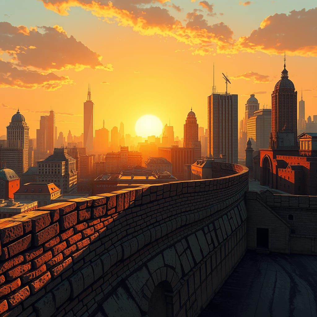 Cityscape at Sunset Behind a Weathered Brick Wall