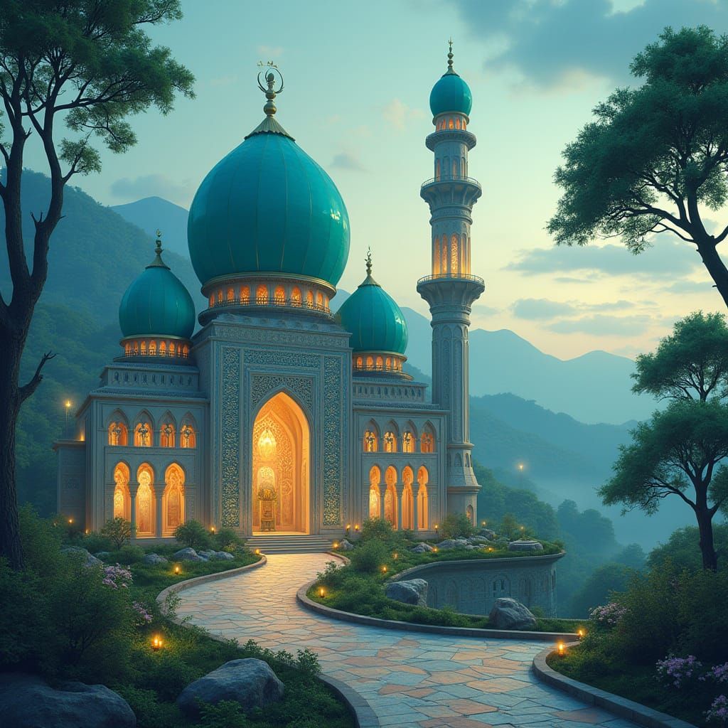Enchanting Mosque in Whimsical Landscape with Islamic Art