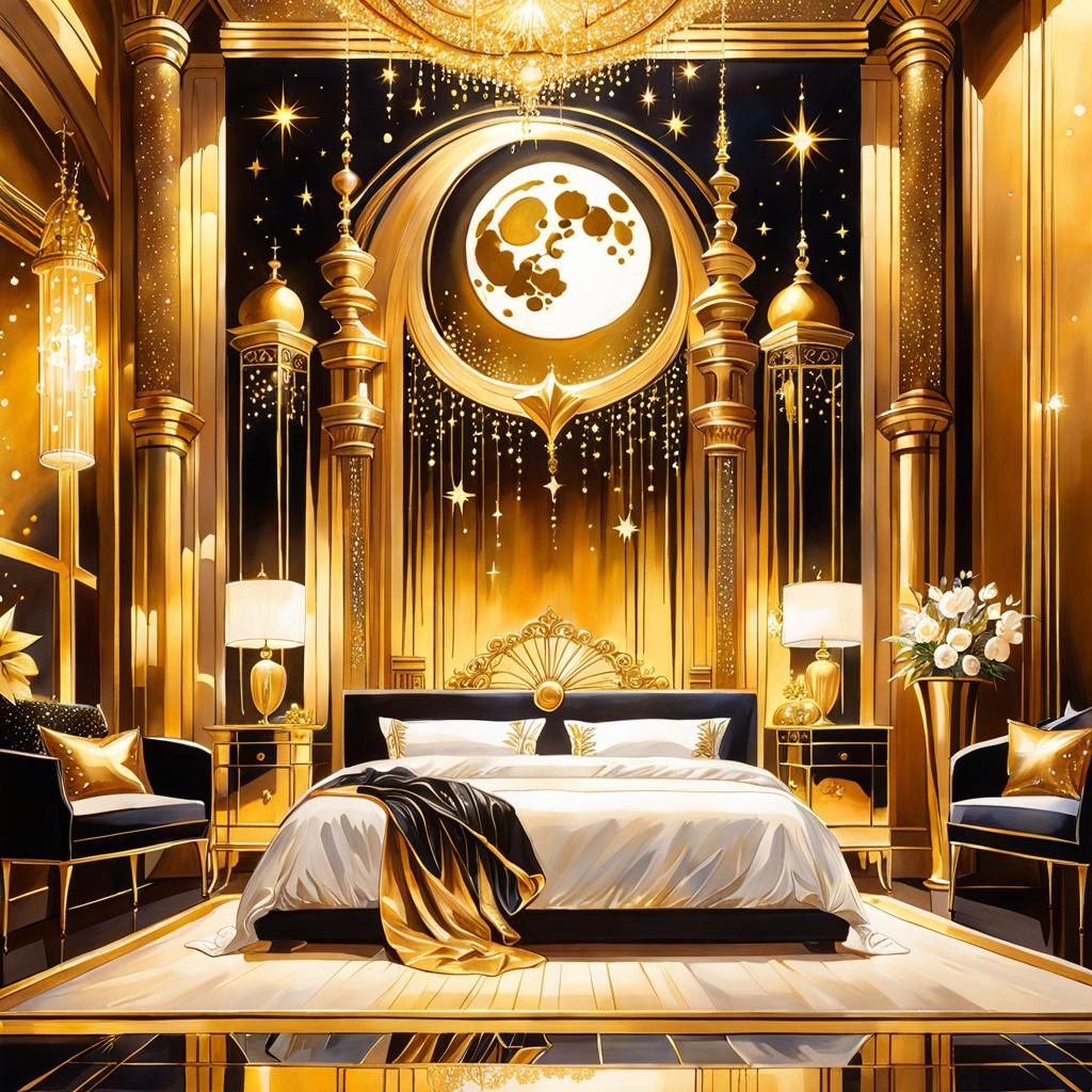 Fantasy Bedroom with Gold Sparkles as Watercolor