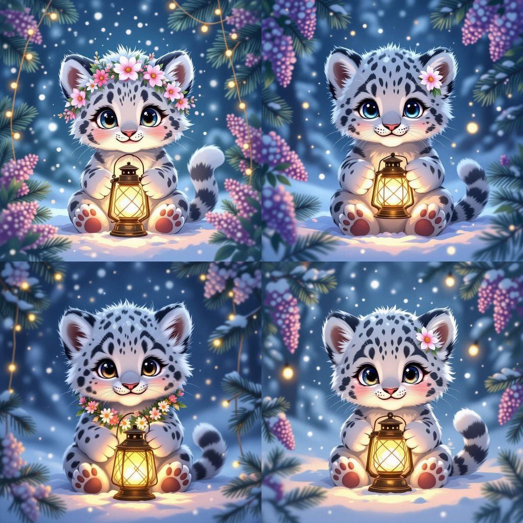 Anime Snow Leopard Cub with Lantern and Flowers