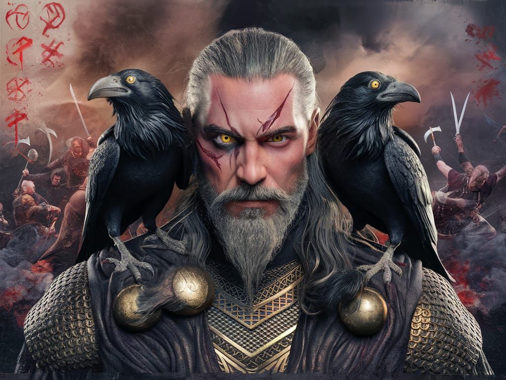 Hyperrealistic Odin Movie Poster with Ravens