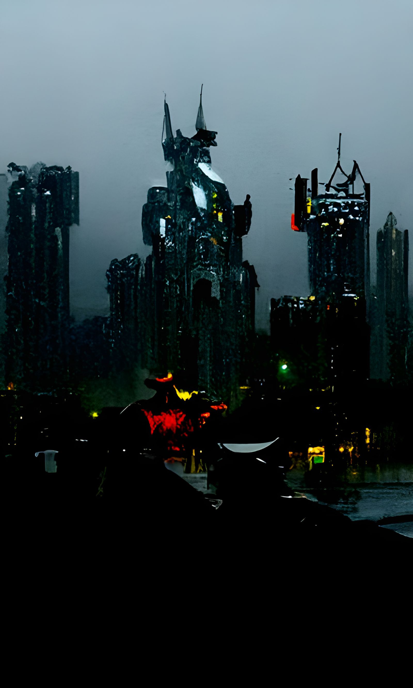Cyberpunk Fantasy Cityscape with Dragon Castle