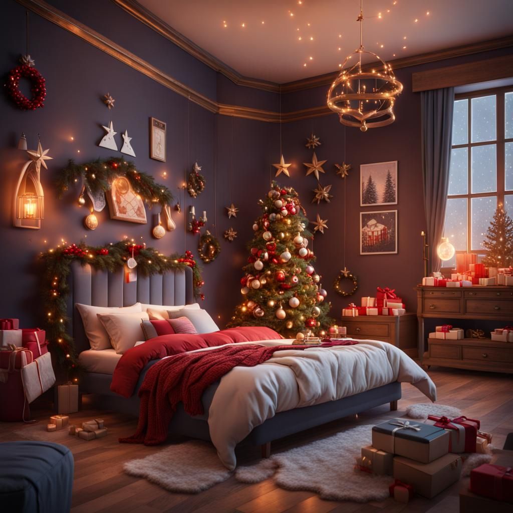 Festive Christmas Bedroom in Detailed Matte Painting Style
