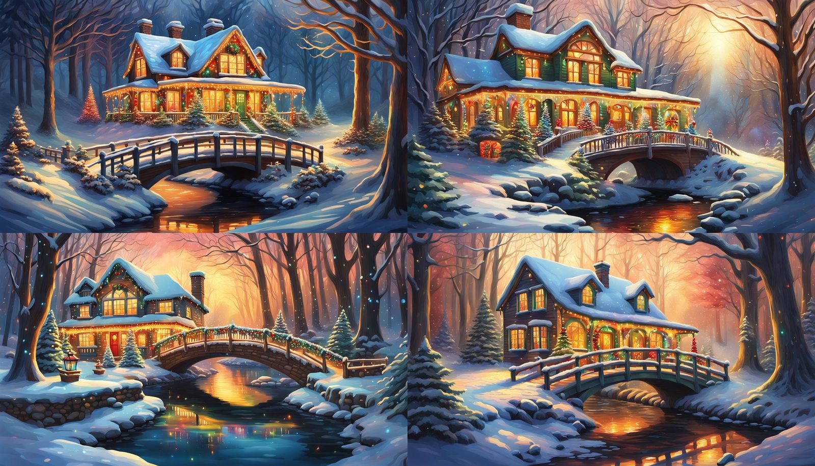 Christmas House in Winter Woods with Sunlight