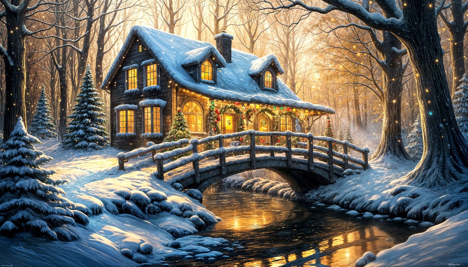 Christmas House in Winter Woods with Sunlight