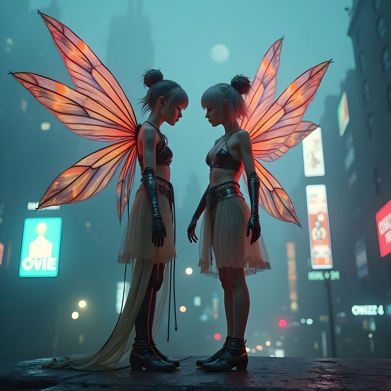 Cyberpunk Fairies Amidst Neon Cityscape