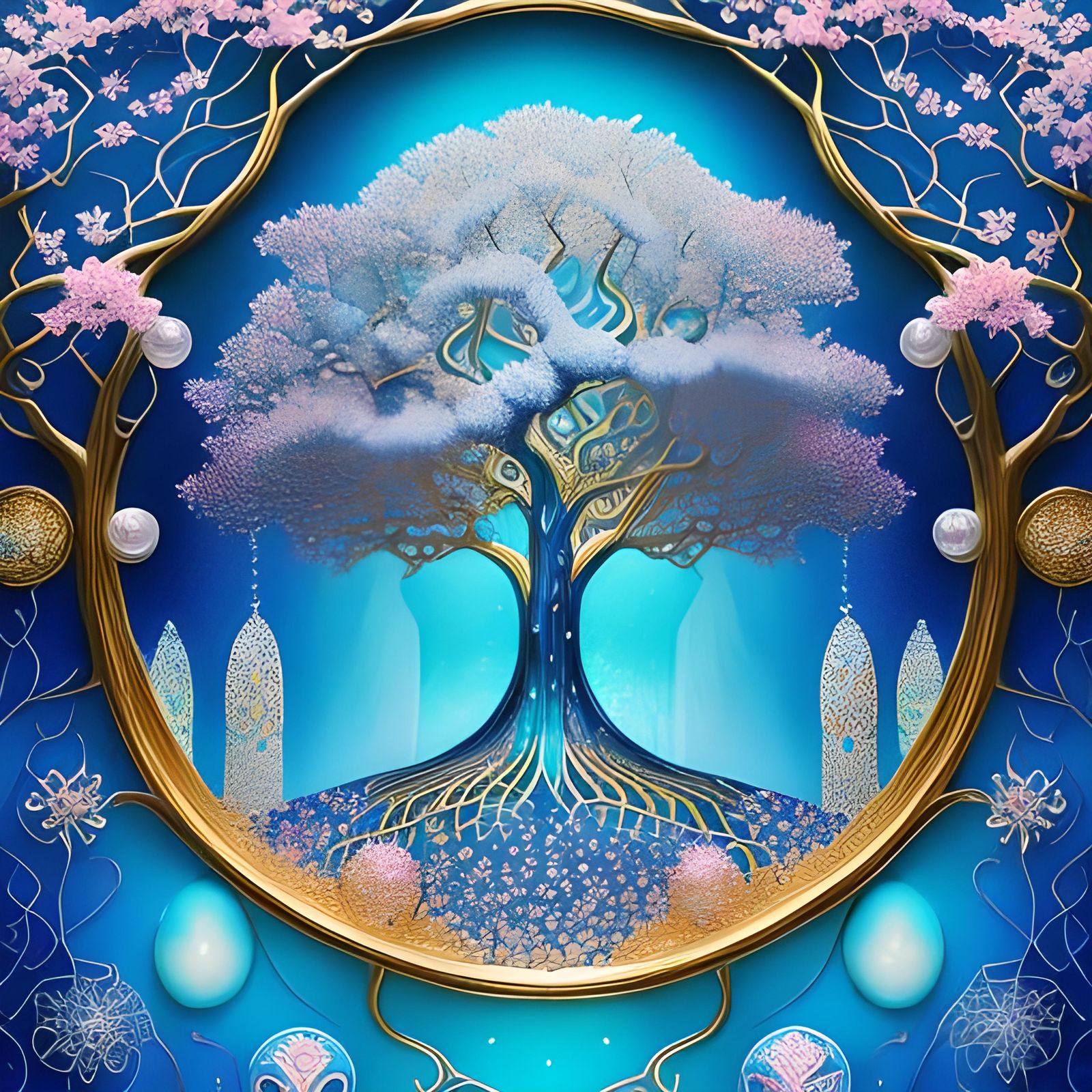 Intricate Ice Tree in Glass Egg, Klimt Style