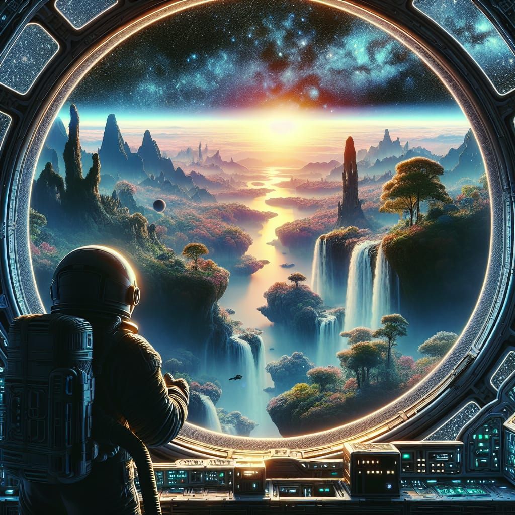 Astronaut Silhouette Gazing at Cosmic Hypermaximalist Landsc...