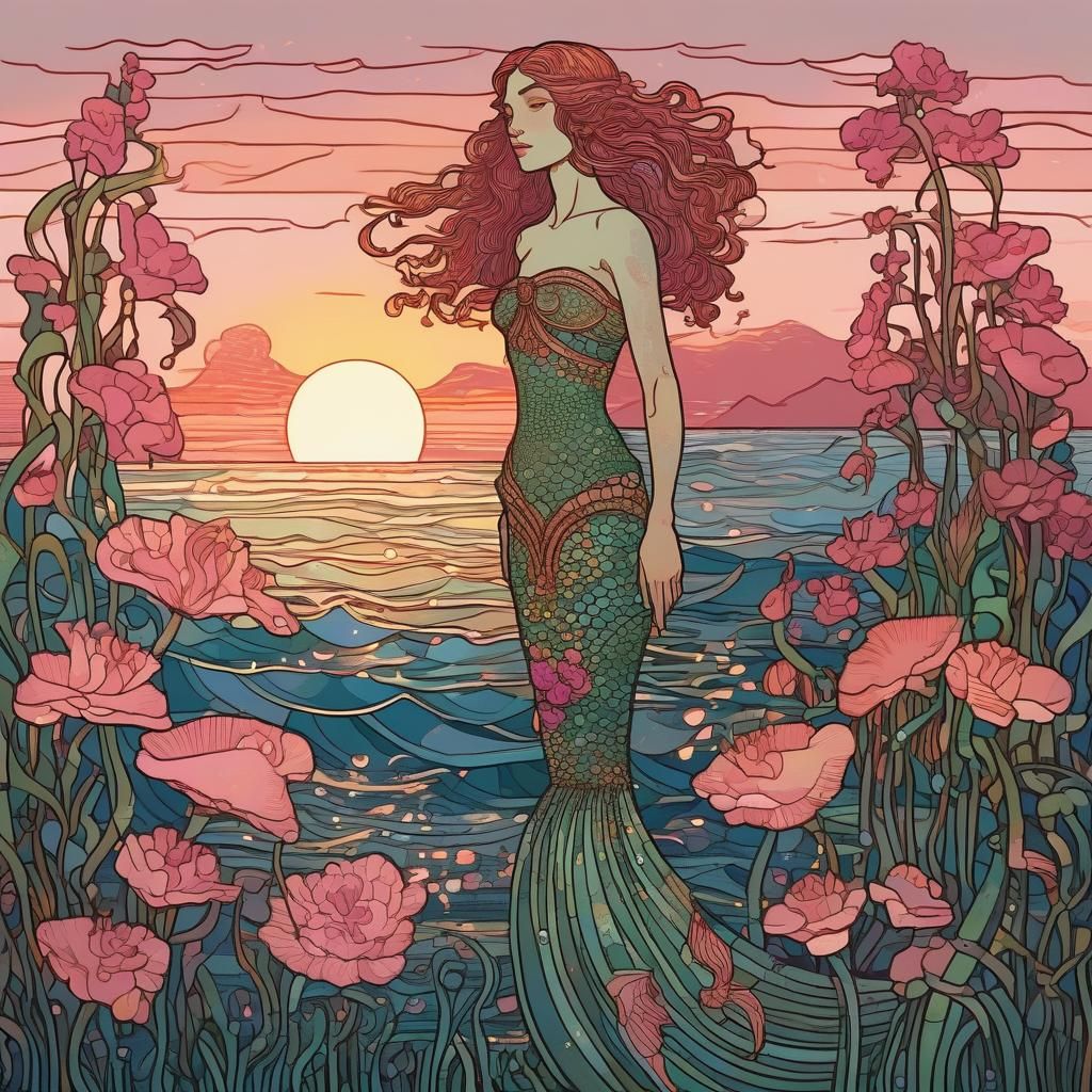 Caribbean Mermaid in Bilibin Style with Sunset Glow