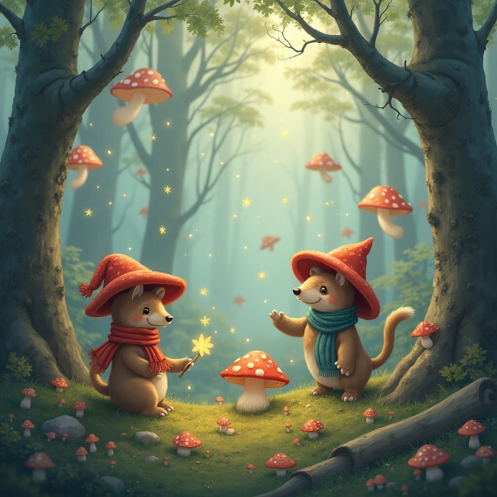 Whimsical Forest Animals in Misty Landscape with Floating Mu...