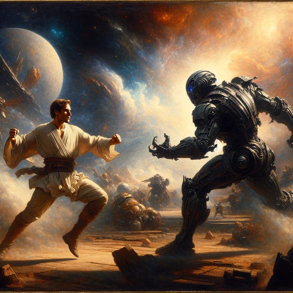 Sci-Fi Hero Battles Villain in Baroque Style