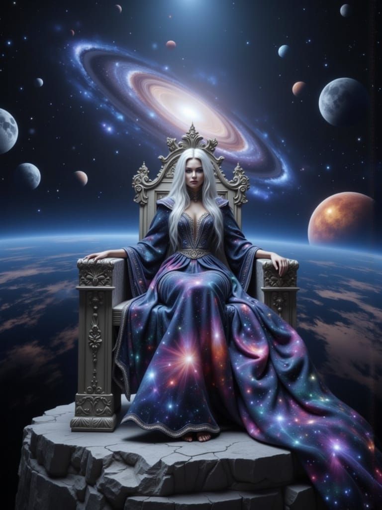 Cosmic Queen on Moon Rock Throne in Starlight Gown
