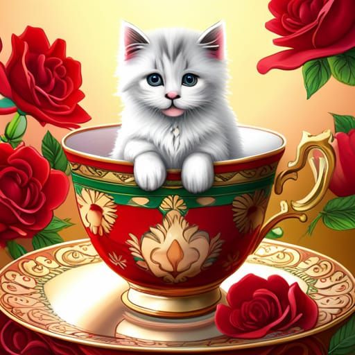 Kitten in Teacup with Roses: Hyperrealistic Splash Art