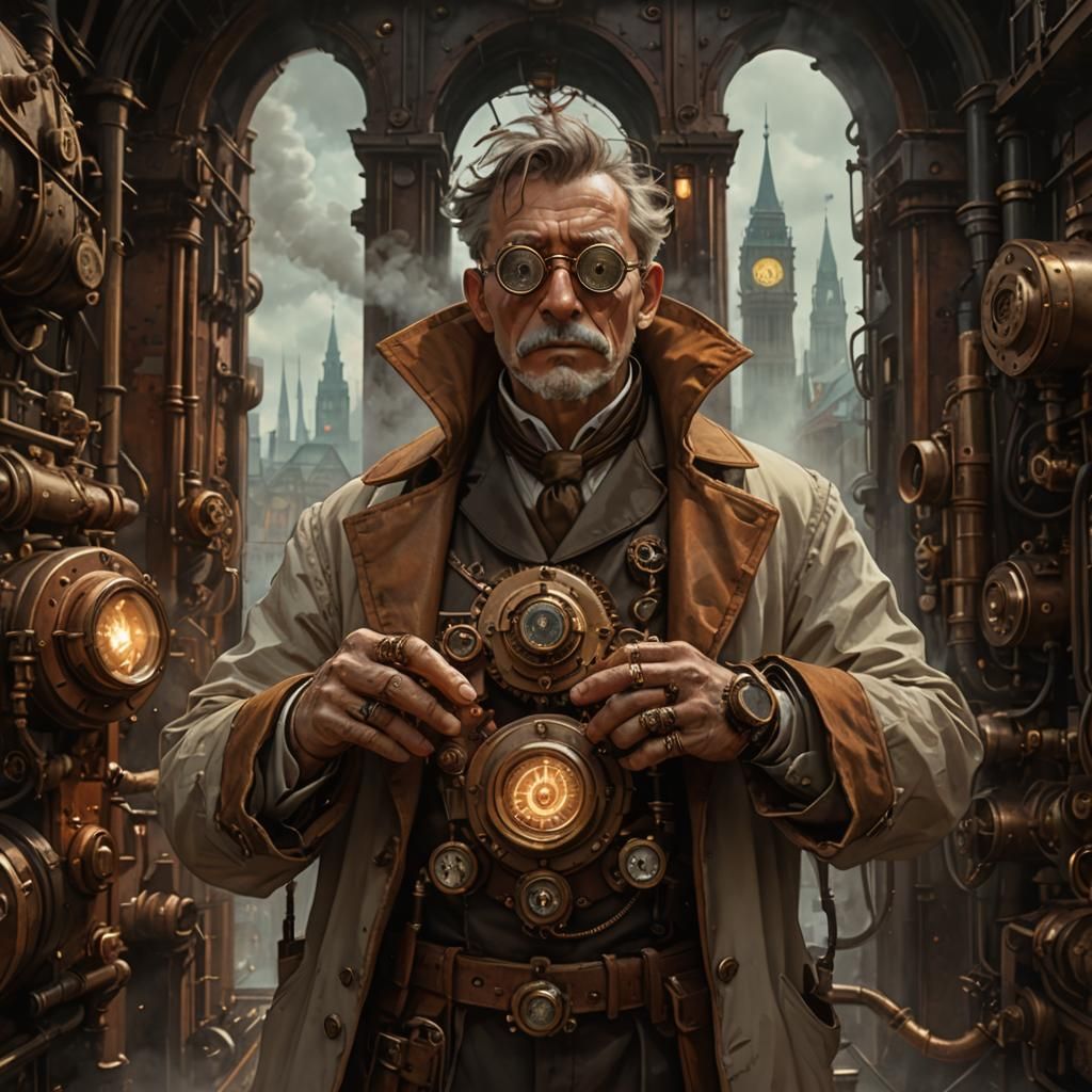 Steampunk Time Traveler in Foggy London