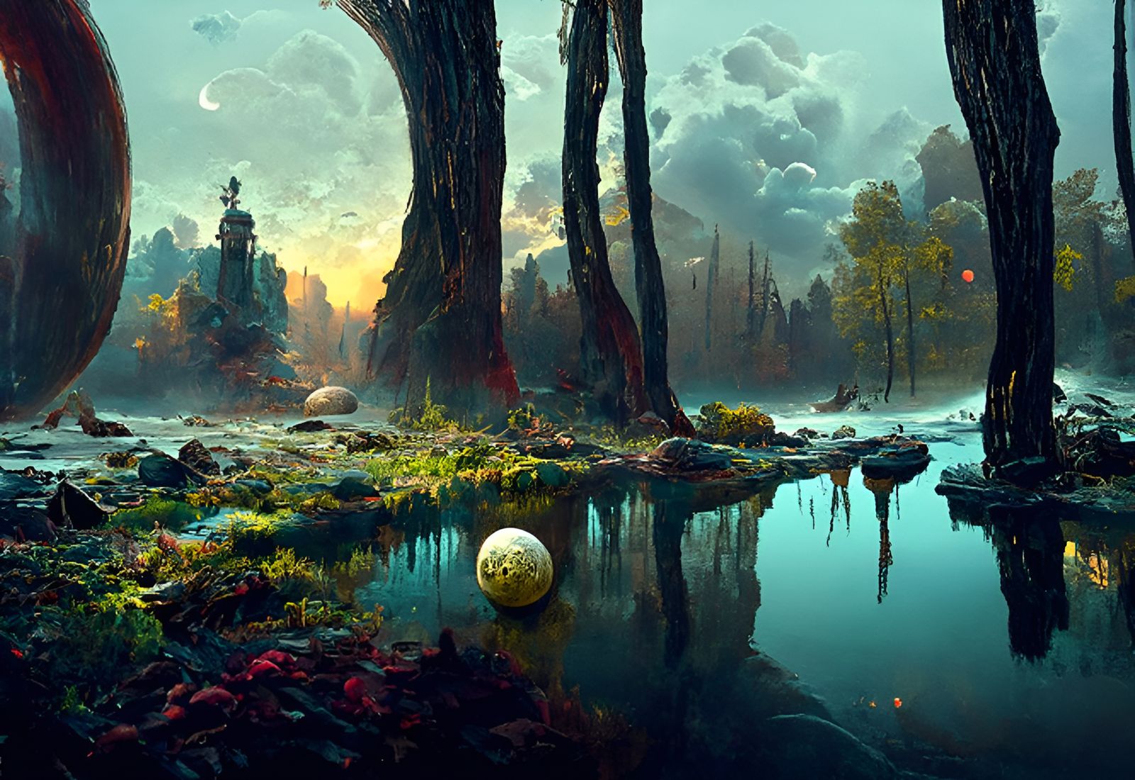 Alien Landscape with Glowing Flora, Kinetic Pointillism