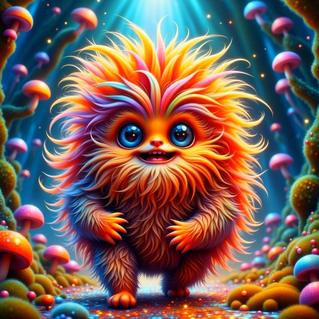 Whimsical Furry Creature Explores Ethereal Landscape in Vibr...