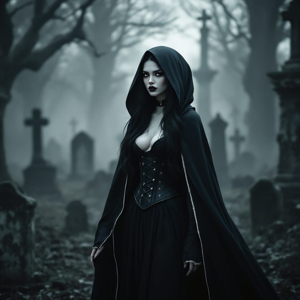 Gothic Woman in Cemetery: Dark Mystical Art