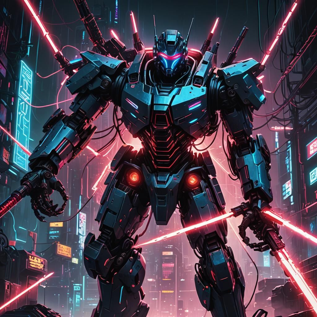 Cyberpunk Battle: Humanoid vs Corrupted Smartphone Robot