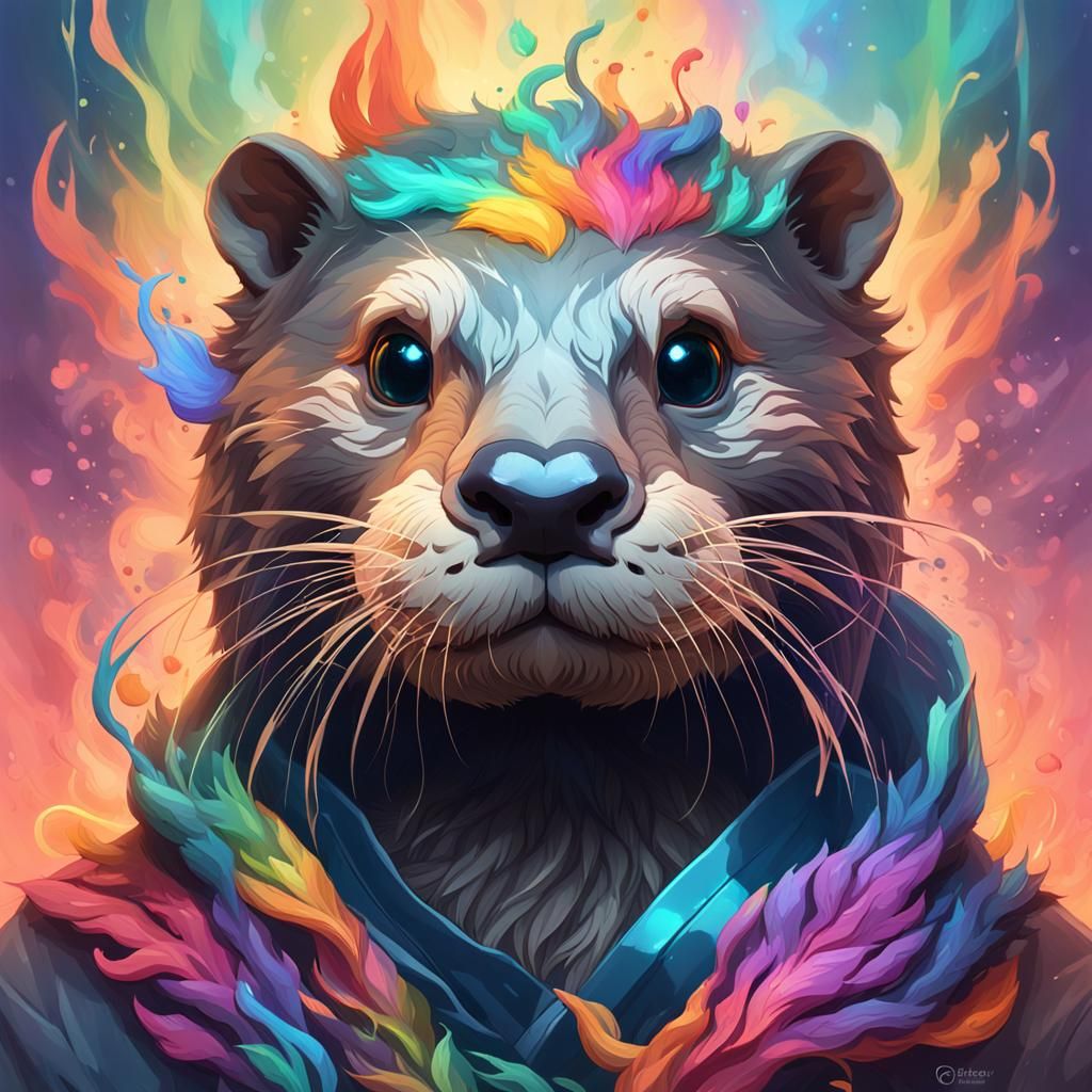 Otter Portrait with Rainbow Smoke, Detailed Art
