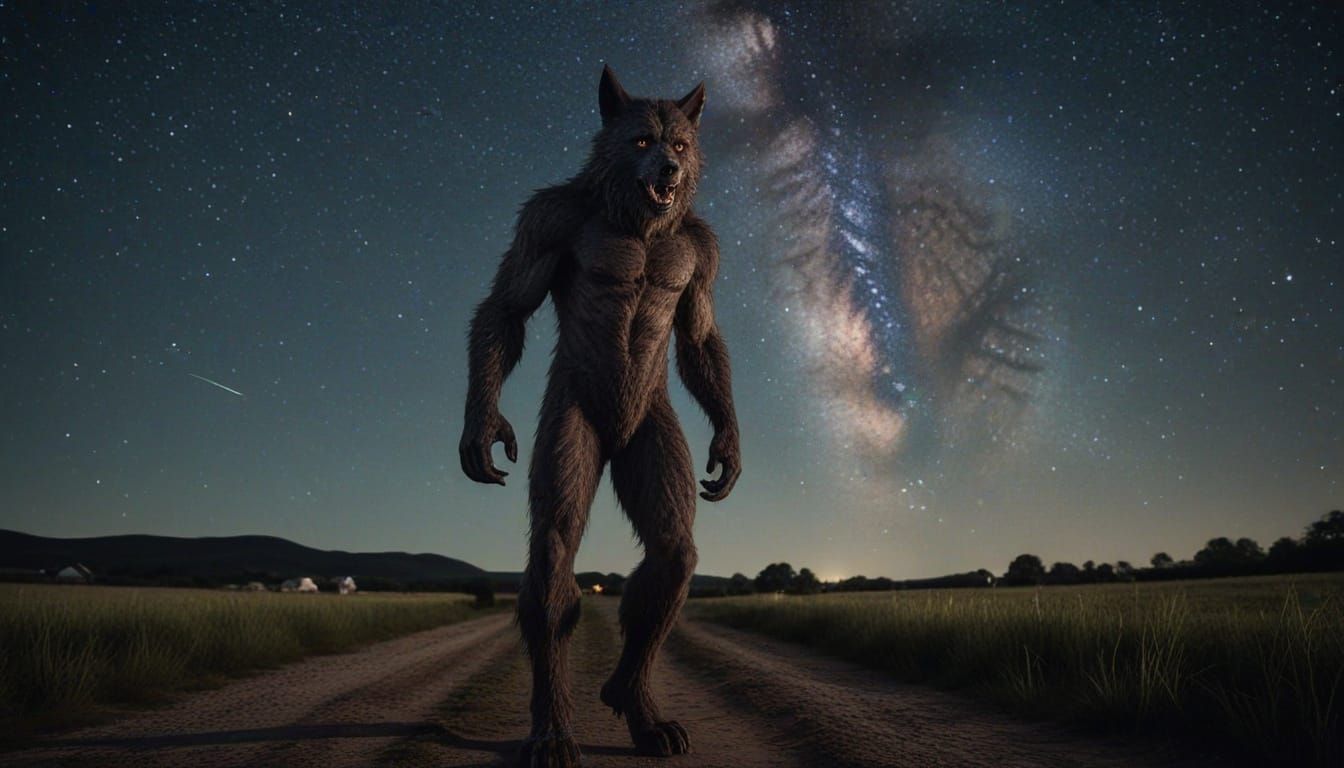 Werewolf Under Starry Sky in Remote Countryside