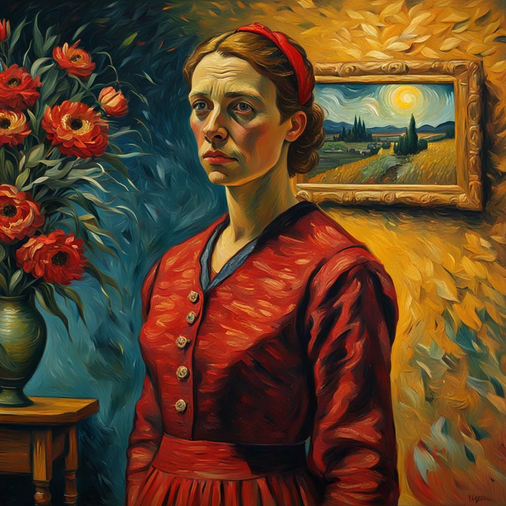 Woman in Red Dress: Van Gogh-Style Oil Painting