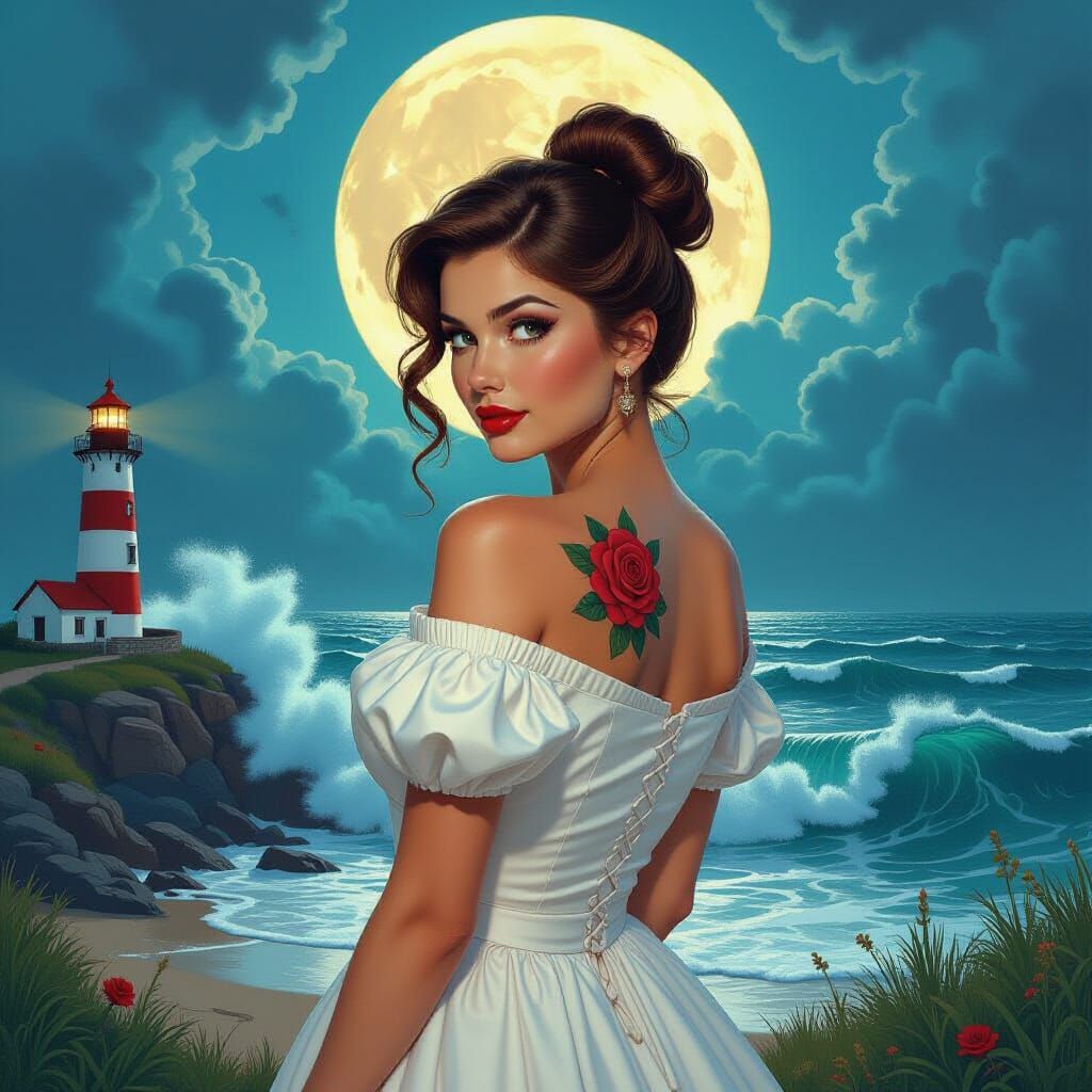 Pin-Up Woman in Stormy Seascape, Matte Painting Style