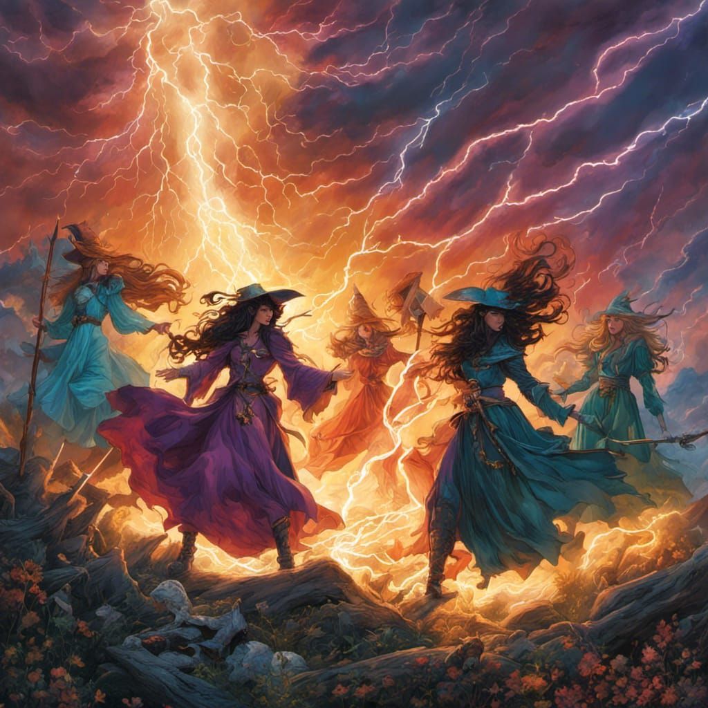 Tempest Witches Dueling Under Lightning Storm