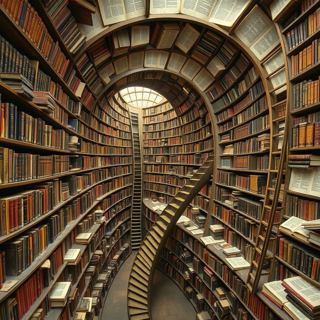 Surreal Library with Impossible Geometry in Dark Aesthetic