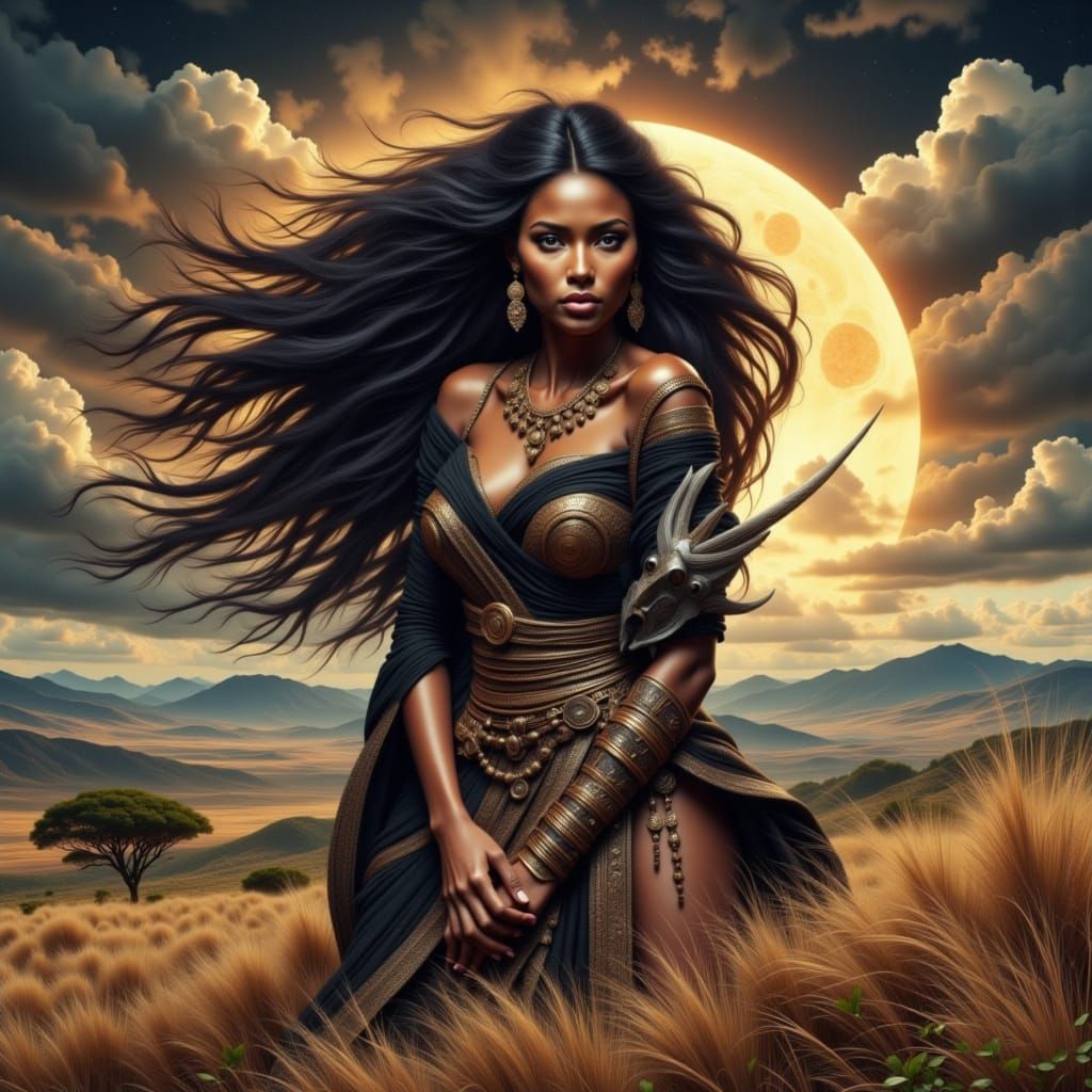 African Warrior Queen on Mountain Overlooking Savannah