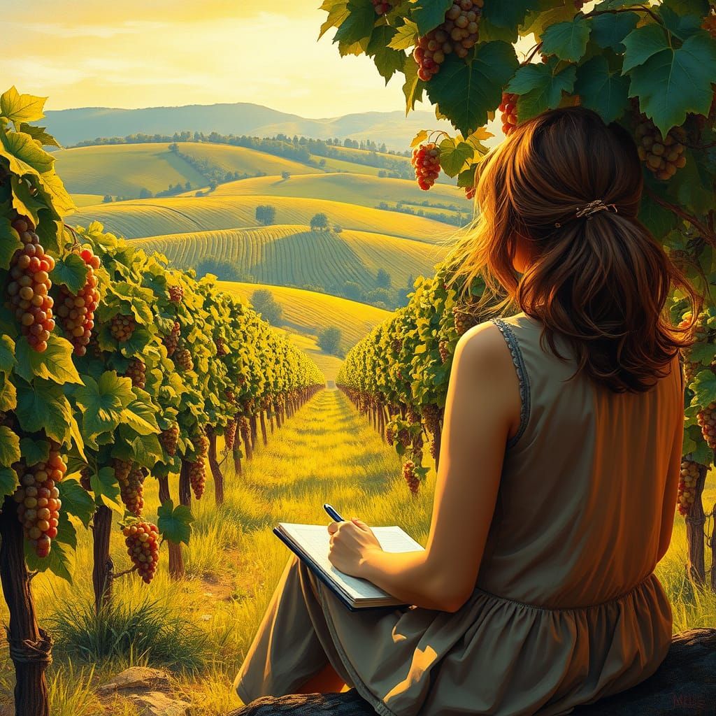Woman Contemplating in a Lush Vineyard Landscape
