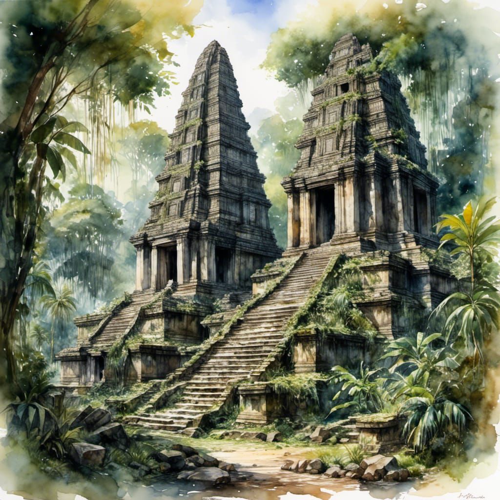 Congo Temple Ruins in Watercolor Painting Style