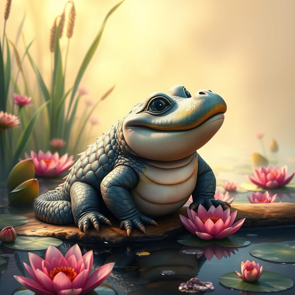 Chubby Alligator in Lush Pond, Matte Painting Style