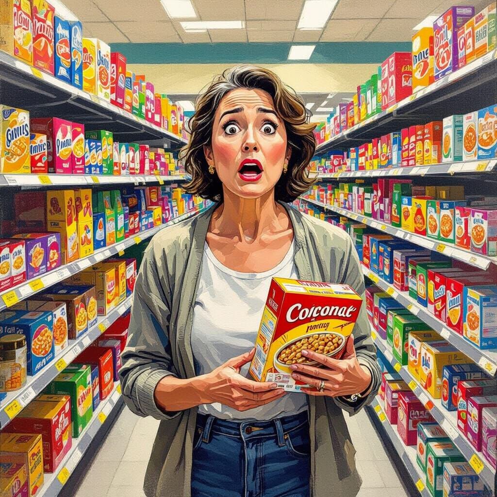 Woman Shocked by Cereal Price in Rockwell Style