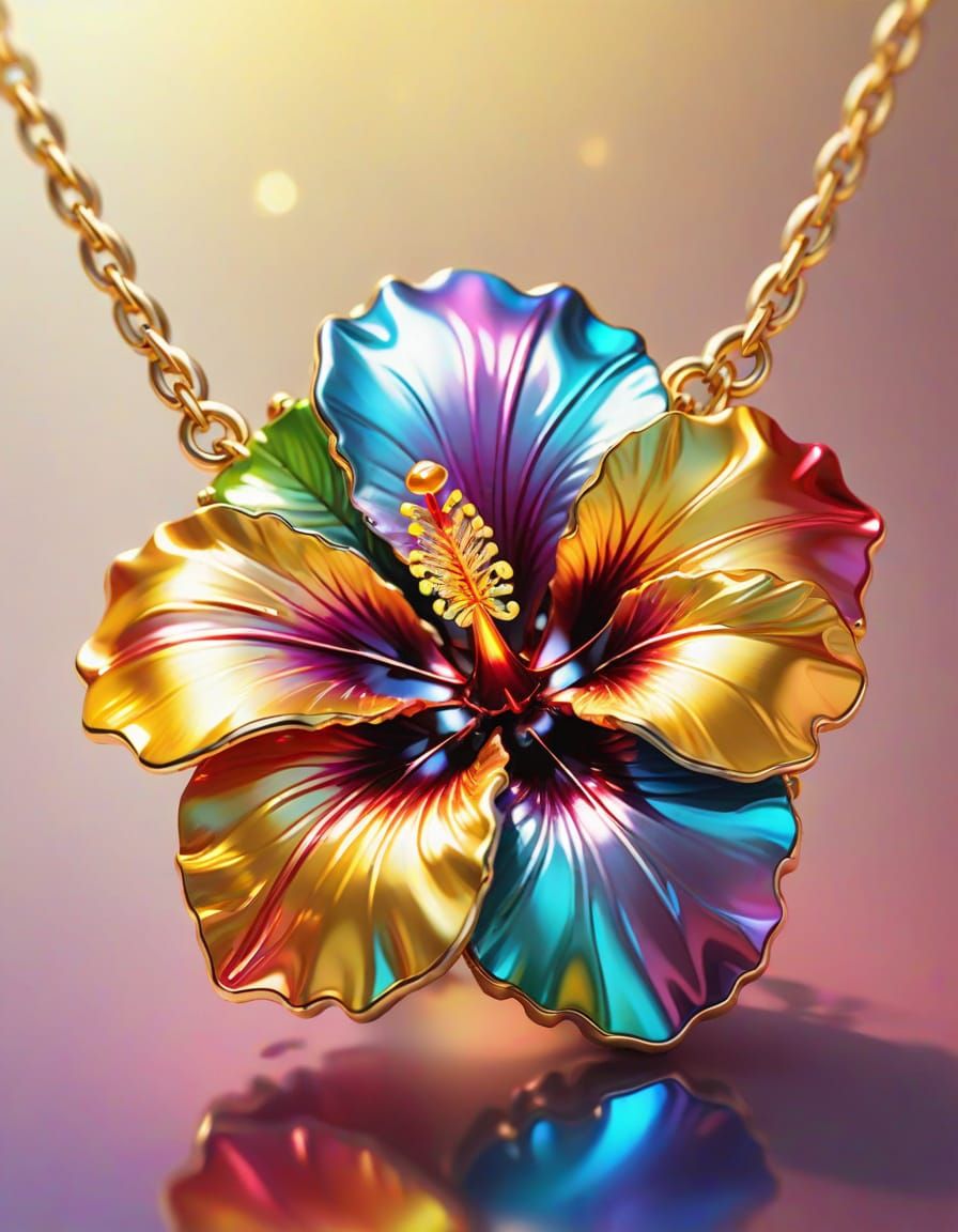 Metallic Hibiscus Gemstone Necklace in Vivid Oil Painting St...