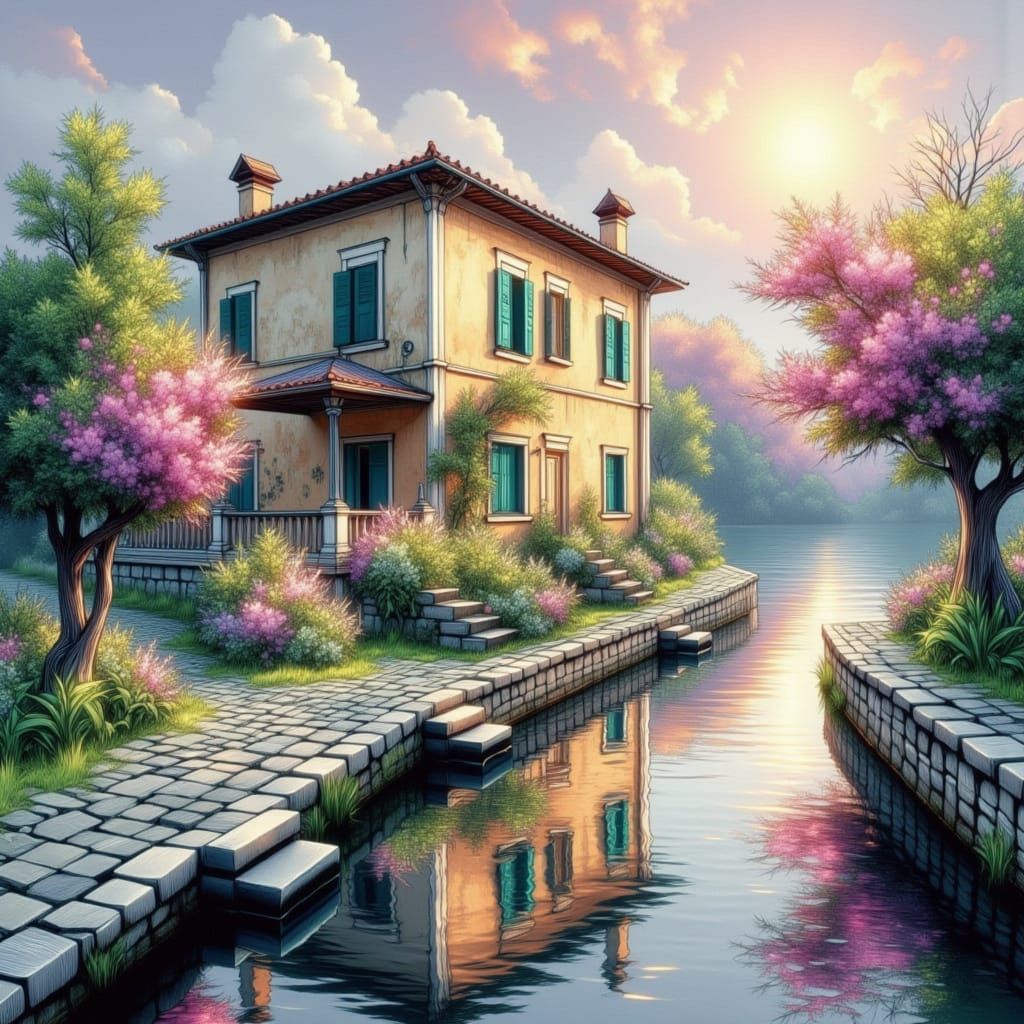 Ethereal Watercolor Villa Scene in Impasto Style