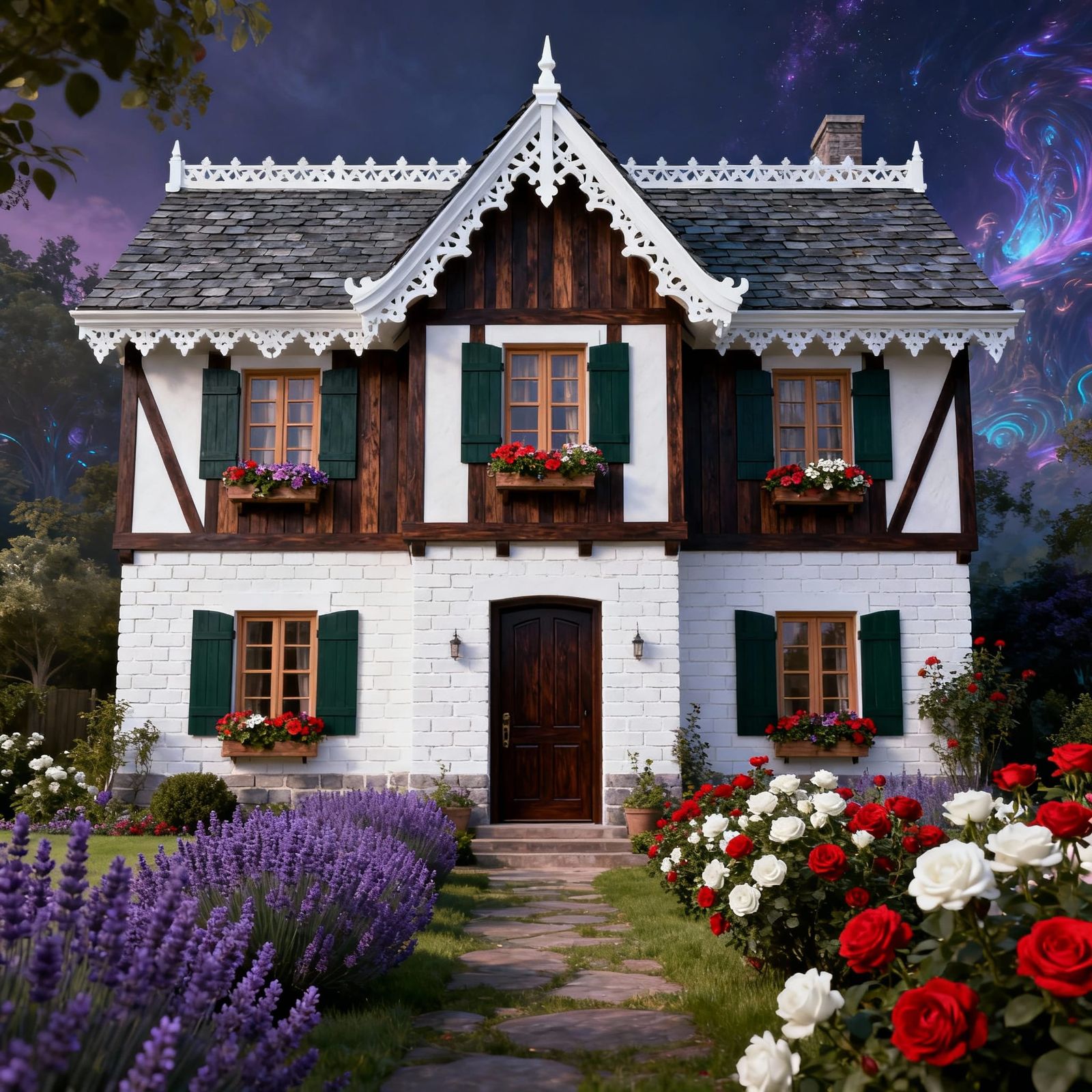 Tudor House with Dark Wood and Green Shutters