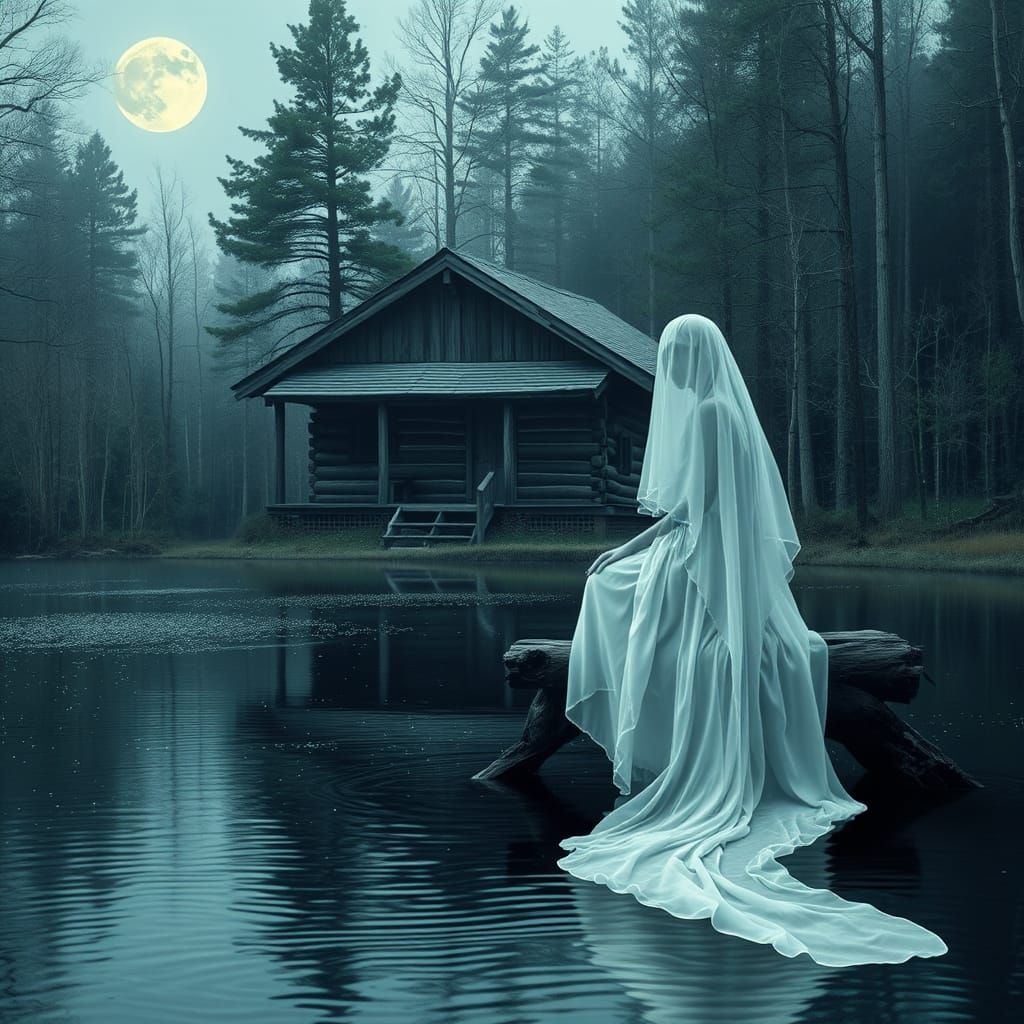 Whispers of the Lady in White: A Moonlit Cabin Scene