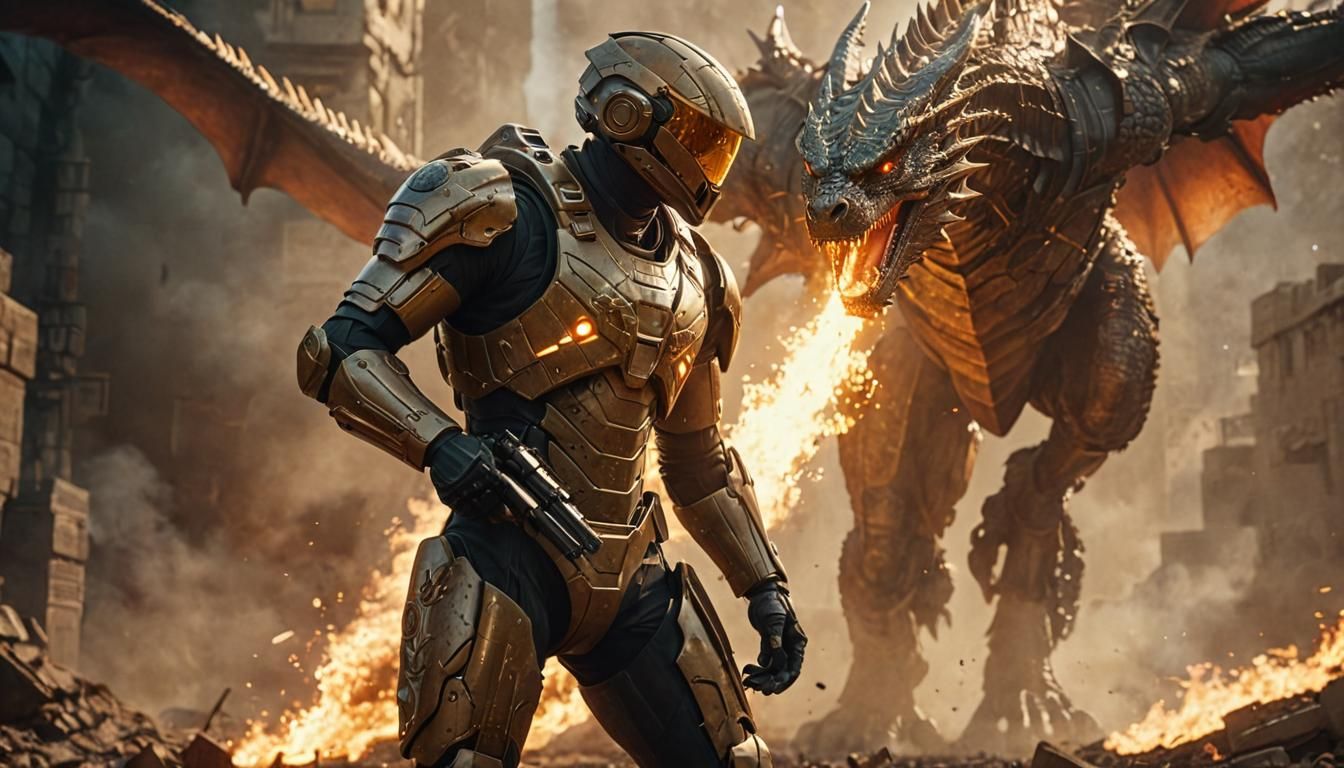 Futuristic Soldier Battling Dragon in Sci-Fi Film Still