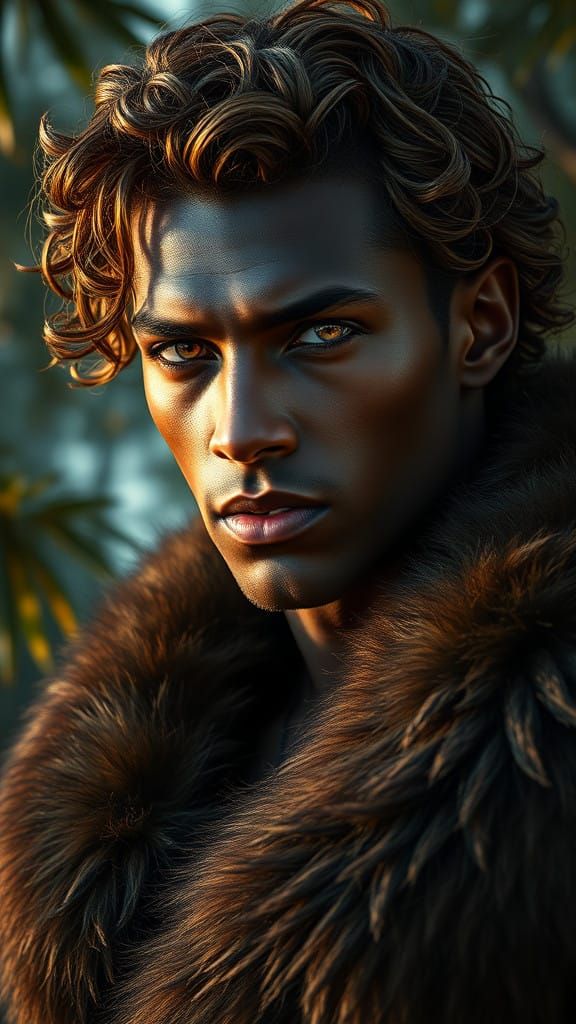 Mysterious Dark Brown Skinned Hero in Futuristic Forest