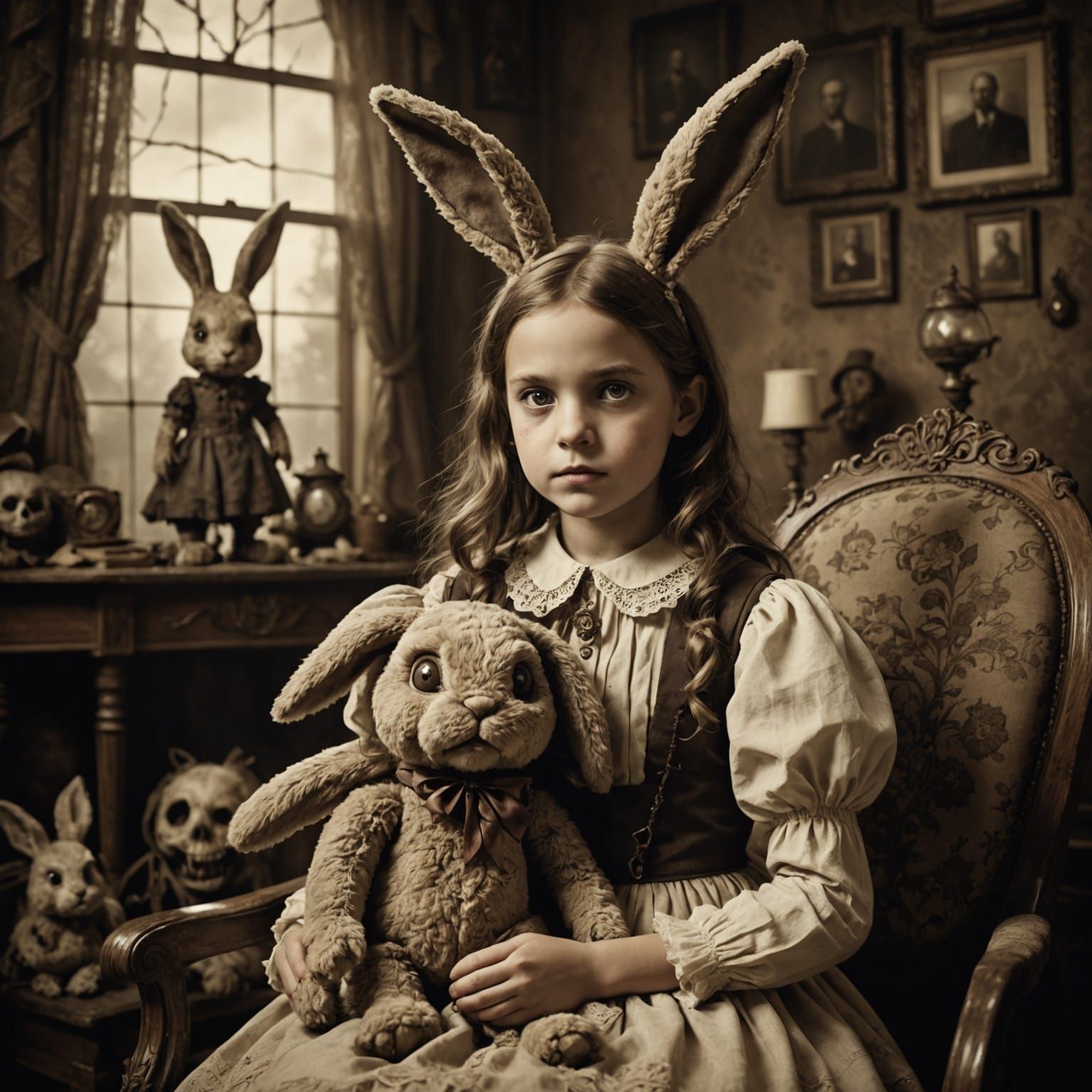 Girl and Her Giant Creepy Zombie Bunny - Vintage Sepia Photo
