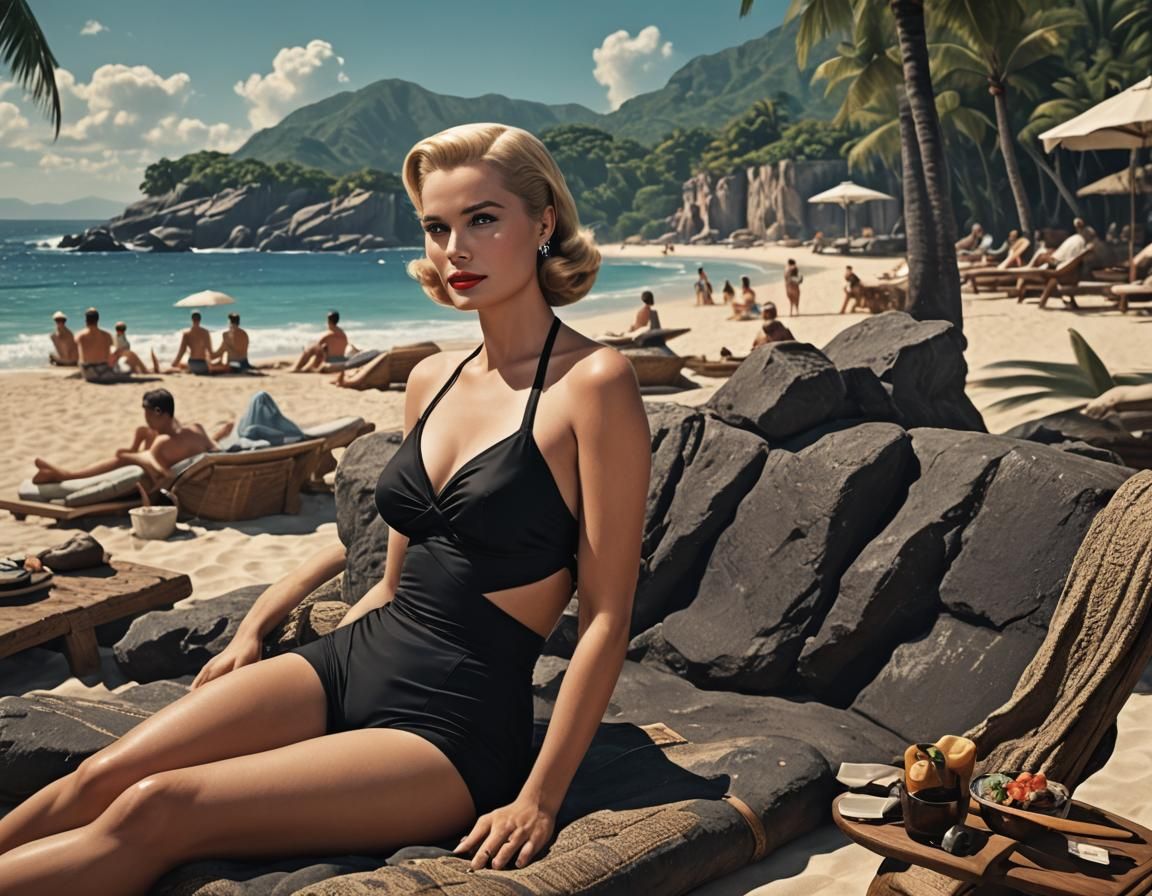 Grace Kelly Relaxing in Black Bikini: Detailed Matte Paintin...